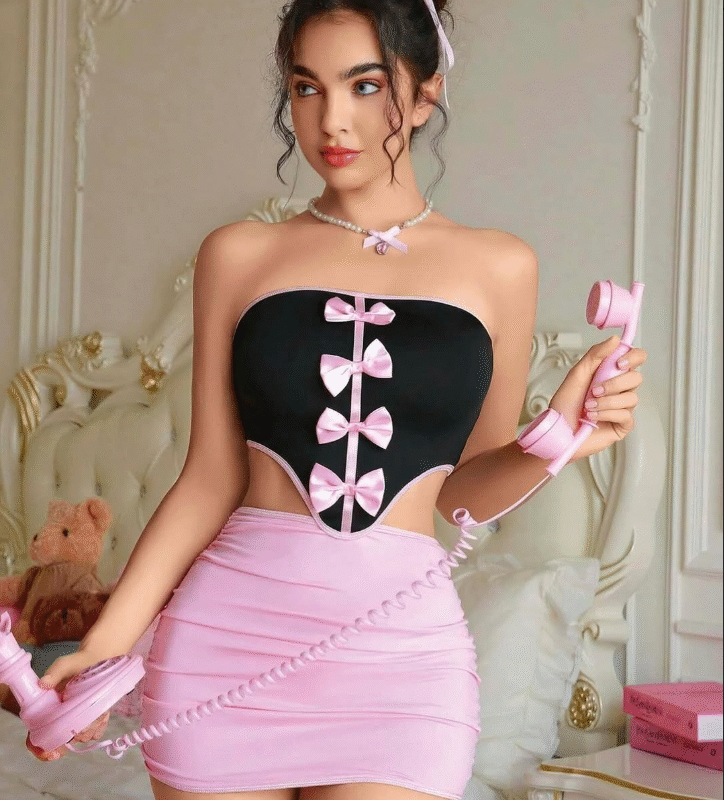 Kadın Pembe Elbise Kostüm Fiyonklu Crop Ruselin